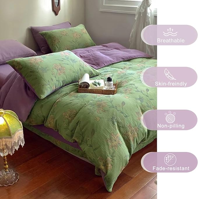 VM VOUGEMARKET Retro Flower Duvet Cover King,3Pcs Yarn-Dyed French Linen Jacquard Duvet Cover Set Mint Green Purple Bedding Set for Girls Women Without Comforter