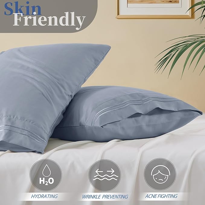 Vonty 2 Pack King Pillow Cases - 20x40 Inch, 1800 Thread Count Microfiber Pillowcases King Size Grey Pillow Cases Luxury & Soft Embroidered Bed Pillow Covers with Envelope Closure