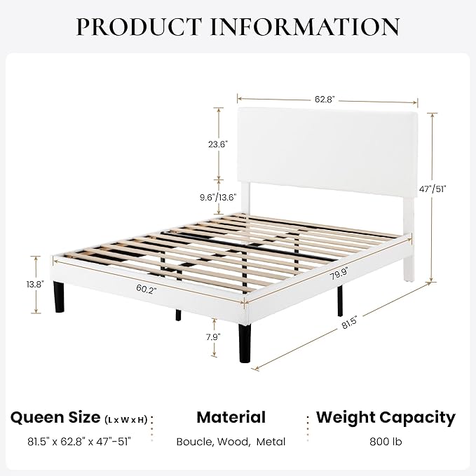 SHA CERLIN Queen Size Platform Bed Frame with Adjustable Headboard and Wooden Slats Support, Boucle Upholstered Mattress Foundation, No Box Spring Needed, Easy Assembly, Soft White