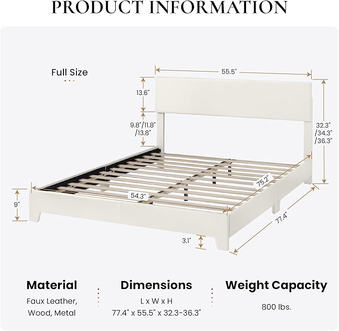 SHA CERLIN Full Size Bed Frame with Adjustable Headboard, Faux Leather Upholstered Platform Bed with Wood Slats, Stable Mattress Foundation,No Box Spring Needed, Off-White