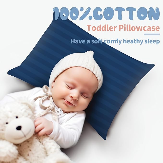 100% Egyptian Cotton Toddler Pillowcases Set of 4, 400 Thread Count Sateen Weave Small Pillow Protectors, Super Soft Breathable Zippered Pillow Covers 13x18 Inches (Stirpe Navy Blue, Toddler)