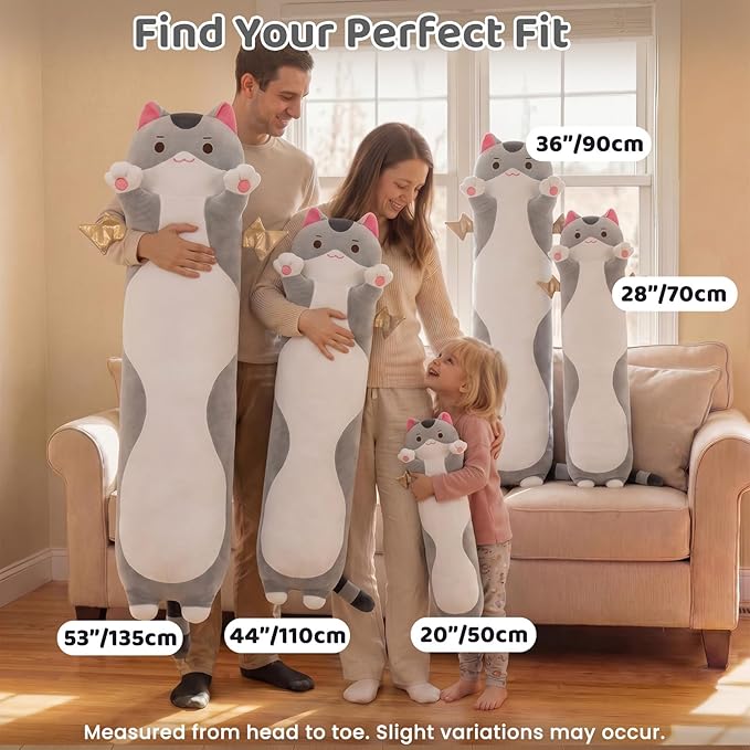 Mewaii Long Cat Plush 5 Sizes, 120% Extra Filling Giant Plushness Kids Body Pillow, Kawaii Cute Grey Cat Stuffed Animals Plushies, Big Long Body Pillow Cat Plush Gift for Girls 36”