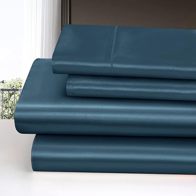 Homiest 4pcs Satin Sheets Set Luxury Silky Satin Bedding Set with Deep Pocket, 1 Fitted Sheet + 1 Flat Sheet + 2 Pillowcases (Full Size, Deep Sea Blue)