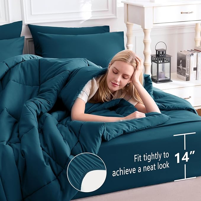 CozyLux Oversized King Comforter Sets Lyons Blue, 7 Pieces Bed in a Bag, Ultra-Soft All Season Bedding Sets with Stitch Quilted Comforter, Flat Sheet, Fitted Sheet, Pillowcases