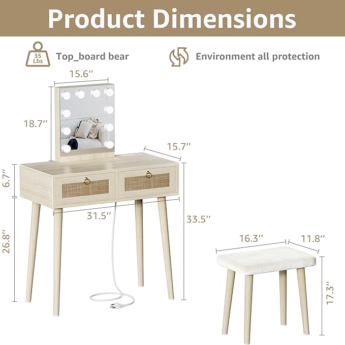 BOLUO Makeup Vanity Desk with Hollywood Mirror and Lights, Boho Girls Vanity Set with Stool, Make Up Dressing Table with Drawers and Outlet for Bedroom