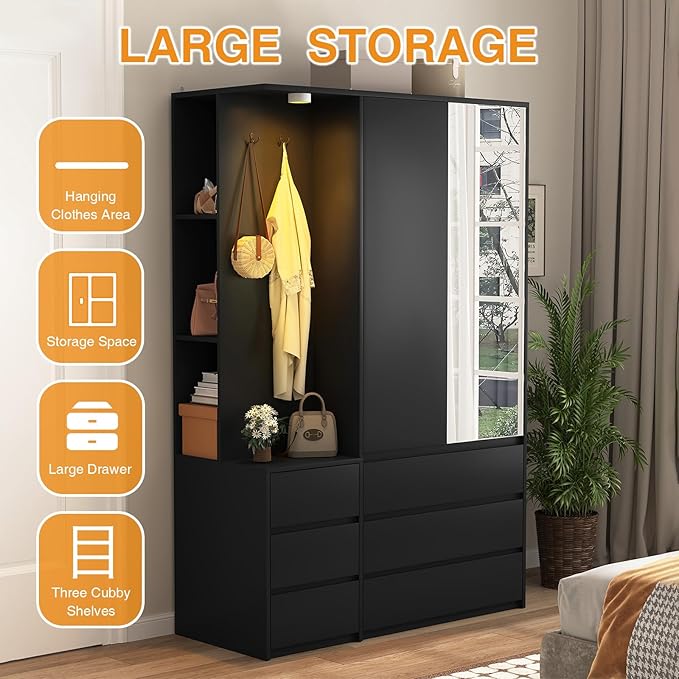 Armoire Wardrobe Closet with Mirror Door and LED Light, Bedroom Armoire with 6 Drawers, Modern Wooden Large Wardrobe Closet with Shelves, Wooden Armoire with Hanging Rod for Bedroom(Black)
