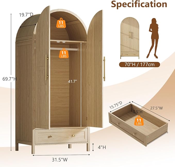 VINGLI Arched Wardrobe Closet Armoire with Doors and Drawer, 70" Tall Wooden Wardrobe Cabinet,Clothing Storage Cabinet, Large Capacity Storage, Natural Oak