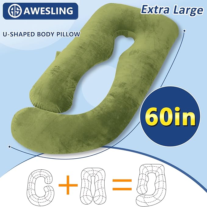 Shredded Memory Foam Body Pillow, Pregnancy Pillows for Sleeping, Maternity Pillow for Pregnant Women, Memory Foam Filling U Shaped Body Pillow with Velvet Cover (Green, 60 inch)