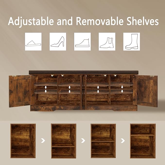 DINZI LVJ Shoe Bench, Entryway Storage Bench with Doors, Cushion, 2-Tier Shoe Rack with 8-Cubby, 47.2”L x 13.8”W Shoe Organizer Cabinet, Adjustable Shelf, Living Room, Bedroom, Rustic Brown