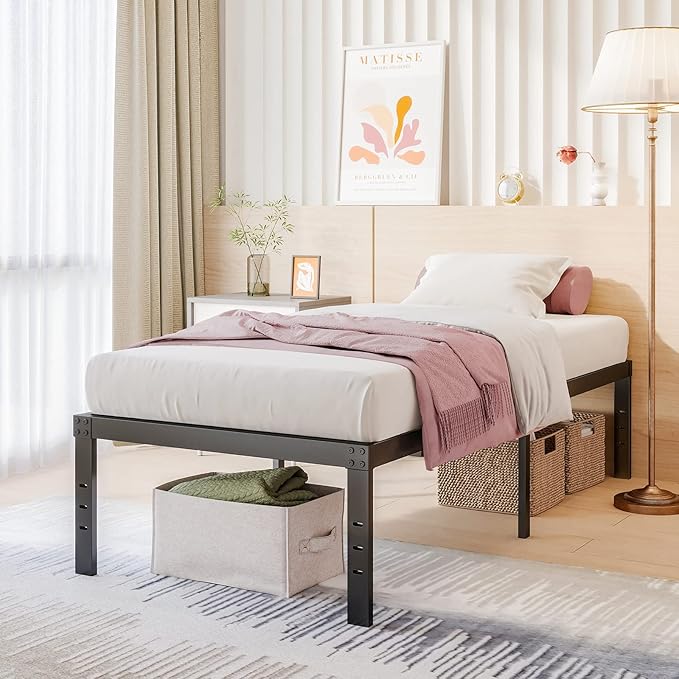 18 Inch Tall-Bed-Frame Twin Size, Heavy Duty Black Metal Bed Frames No Box-Spring Needed, Easy Assembly, Under Bed Storage, Noise Free Mattress-Foundation Support up to 1000Lbs
