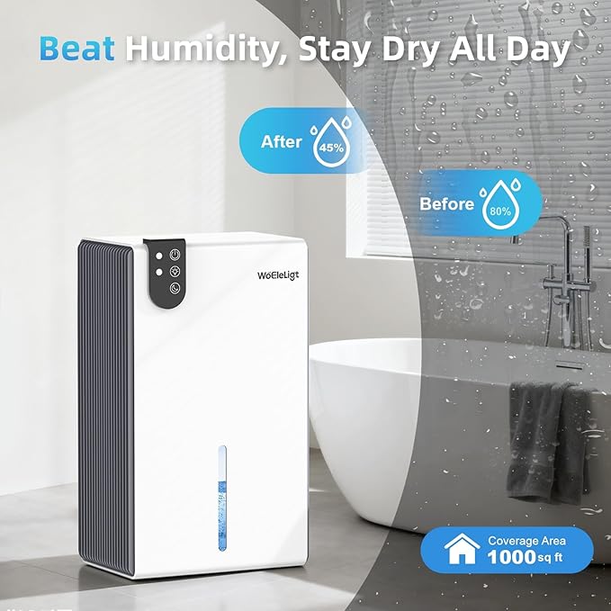 Dehumidifier for Home up to 1000 sq. ft, Small Quiet Dehumidifier with Drain Hose, 98oz Water Tank, Auto Shut Off & 7-Color Ambient Light, for Bedroom, Bathroom, Basement, Living Room (WhiteGrey)