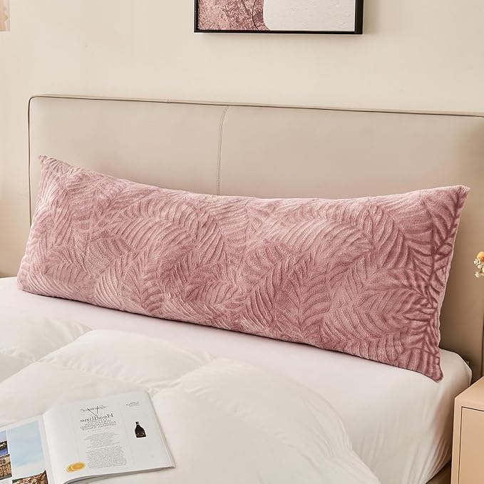 SOCHOW Body Pillow Cover 21x54 Inches, Super Soft and Cozy Leaves Textured Fleece Long Body Pillowcase with Zipper Closure,1 Pack, Dusty Pink