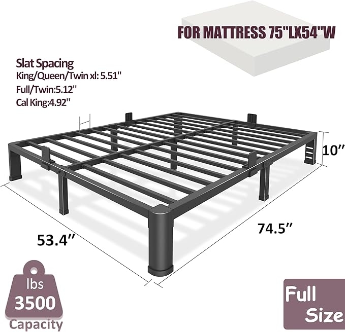 Bilily 10 Inch Low Bed Frame Full with Round Corner Legs,3500 LBS Heavy Duty Low Profile Full Size Bed Frame Metal Platform, No Box Spring Needed, Easy Assembly, Noise-free, Headboard Compatible,Black