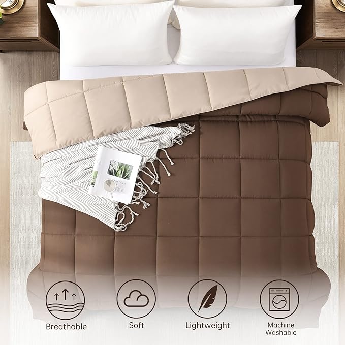 Homelike Moment Oversized Queen Comforter - Brown Duvet Insert Down Alternative Bed Comforter, Lightweight Bedding Comforters Oversize Queen Quilted Soft All Season Reversible Chocolate Brown/Beige