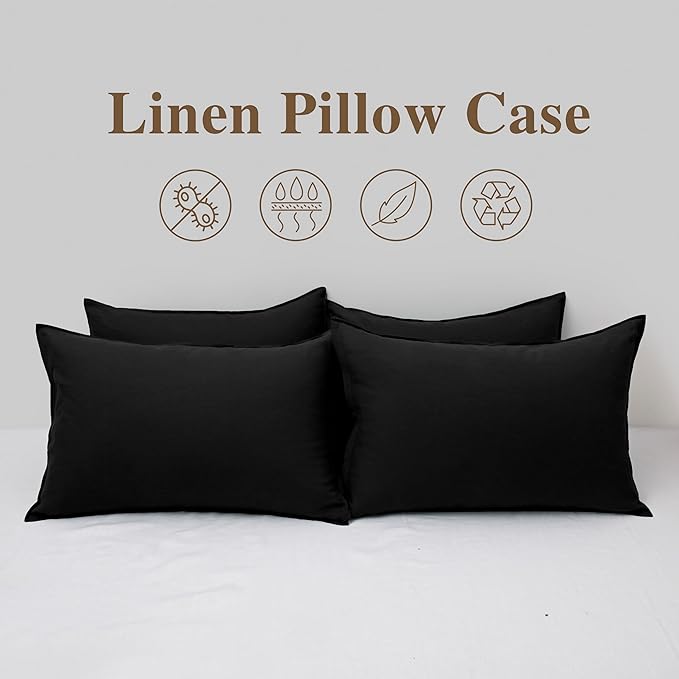 CHUFFED Linen Pillowcases 2 Pack 100% Linen Standard Pillow Cases, Breathable and Cooling Washed Pillowshams with Zipper Closure, 20x36 Inches,Black