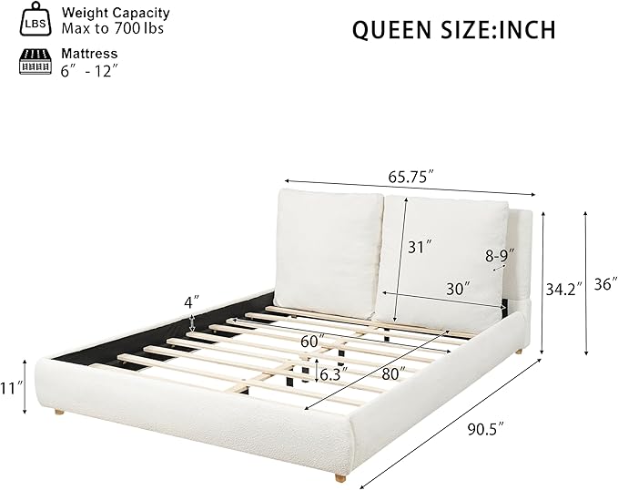 Merax Queen Size Boucle Fabric Upholstered Platform Bed with Two Removable Pillow Headboard, Wood Bed Frame with Solid Round Legs for Kids Teens Adults, White