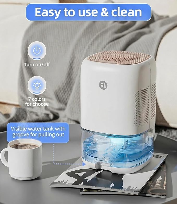 Dehumidifier, 35 OZ Small Dehumidifiers for Bedroom, Quiet Dehumidifier with Auto Defrost, Auto Shut Off, Key Sound Off, 7 Color Light, for Bathroom, Closet, RV, Home up to 280 Sq.Ft, Gold
