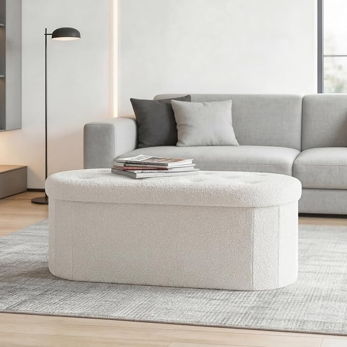 DUMOS Folding Storage Ottoman Bench, Oval Round Ottoman End of Bed Foot Rest Bench Stool with Cushion, Storage Chest for Bedroom, Living Room, Entryway, Dorm, Teddy Fabric, White