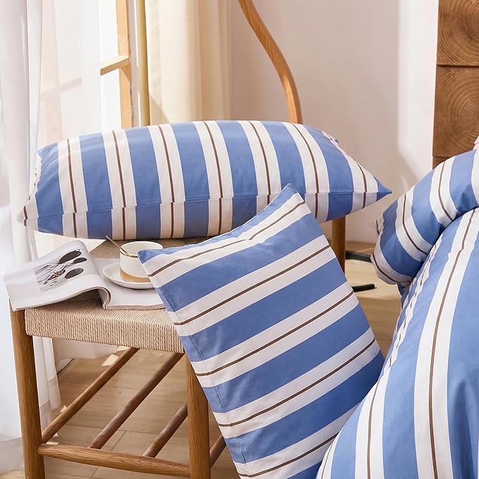 Merryword Blue and White Striped Pillowcases, Standard Size Pillowcases, 100% Cotton Pillow Cases, Soft Breathable Wide Stripes Pillow Covers, Set of 2