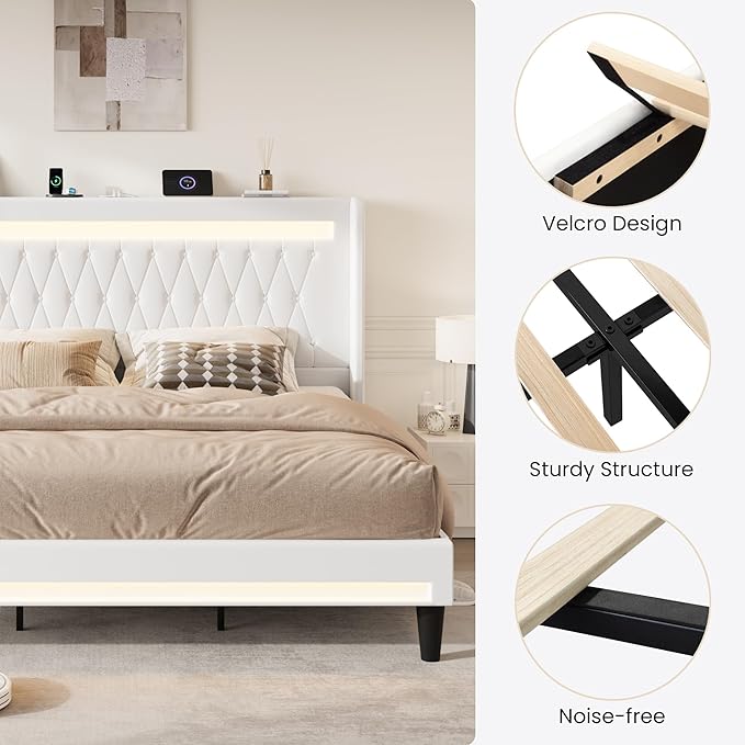 SHA CERLIN King Size LED Bed Frame with Charging Station, Velvet Upholstered Platform Bed with High Wingback Headboard, No Box Spring Needed, Easy Assembly, White