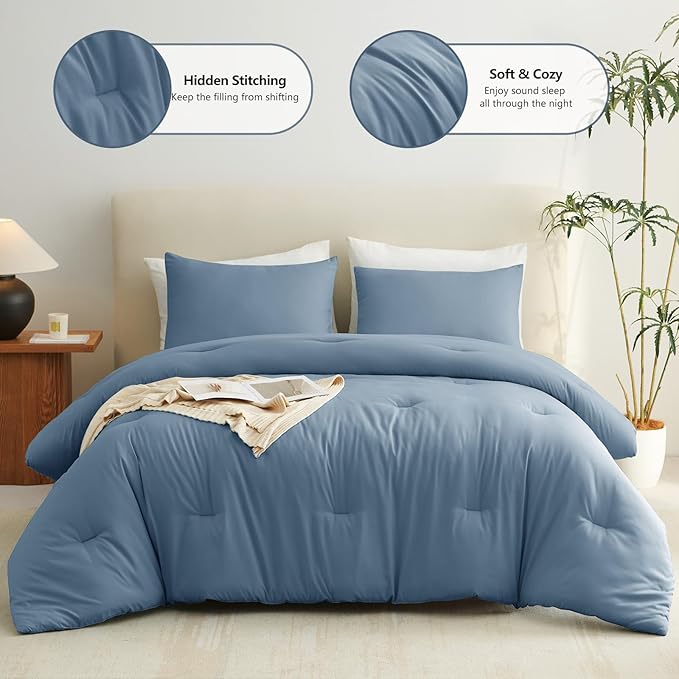 CozyLux California King Comforter Set Grayish Blue, 3 Pieces Cal King Solid Breathable Quilted Bedding Set, Dusty Blue Luxury Soft Lightweight Bed Set with Down Alternative Comforter and 2 Pillowcases