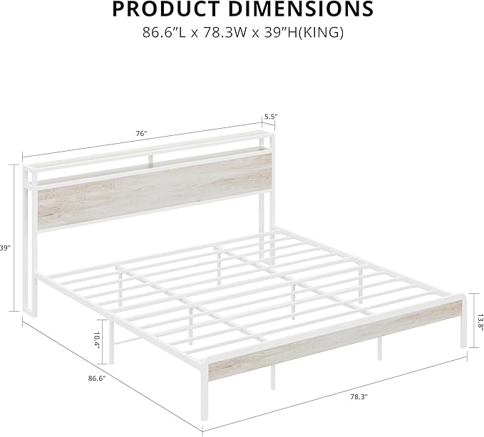 LIKIMIO King Bed Frame with Headboard, Wood Camas King with Strong Supports, Sturdy, Noise-Free, No Box Spring Needed, White Maple