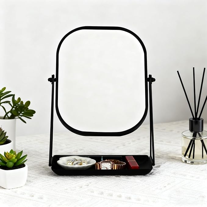 Tstarer 360 Degrees Rotating Metal Makeup Mirror with Storage, Vanity Mirror for Desk, Bathroom, Bedroom, Dressing Table (Black)