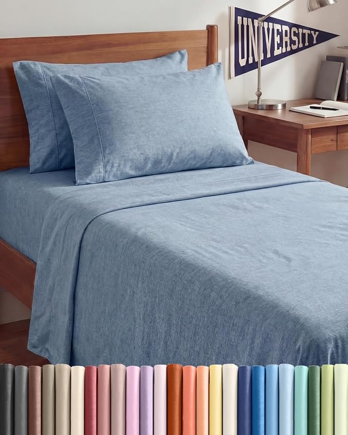 Twin XL 4 Piece Sheet Set - Comfy, Breathable & Cooling - Soft Hotel Luxury Bedding for Women, Men, Kids, Teens & Children - 1 Flat & 1 Fitted Sheet & 2 Pillowcases w/ Deep Pockets - Heathered Blue