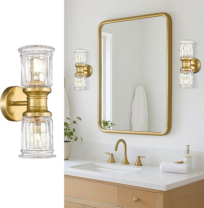 Gold Wall Sconces, HWH Single Wall Vanity Light Fixture for Bathroom Living Room Bedroom, Bathroom Wall Sconces with Bell-Shaped Clear Glass, Gold Finish, 5HZG106B-2W BG