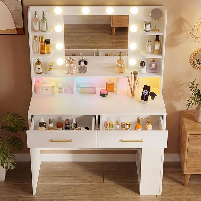 LUCKRACER Vanity Desk with LED Lights Mirror & Charging Station, White Makeup Vanity with Storage Drawers and Shelves, Modern Dressing Table for Women Girls Bedroom, White