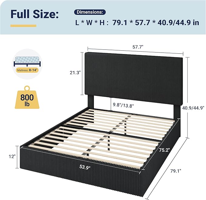 Allewie Full Bed Frame, Upholstered Platform Bed, Adjustable Vertical Channel Tufted Headboard, Corduroy Fabric, Modern Low Profile, Wooden Slats, No Box Spring Needed, Easy Assembly, Black