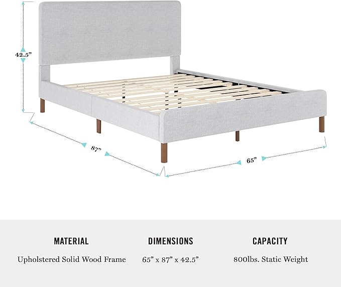 Martha Stewart Britta Platform Bed with Headboard & Footboard, Faux Linen Upholstery with Piping Detail, Rounded Headboard, No Box Spring Needed, Queen, Gray