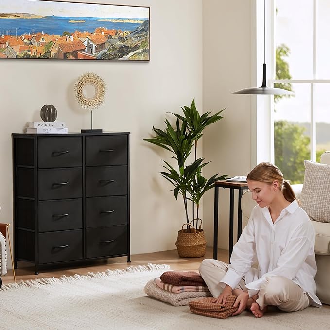 OLIXIS 8 Drawer Storage Dresser with Wood Top - Wide Fabric Chest Organizer for Bedroom, Closet, Living Room,Tower Cabinet, TV Stand, Hallway Entryway Furniture,Black