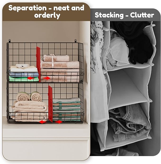 4 Tier Hanging Closet Organizer with Dividers,Extra Large Storage Hanging Shelf with 5 S Hooks 4 Dividers,Hang on wire closet shelving Clothes Organizer-Black