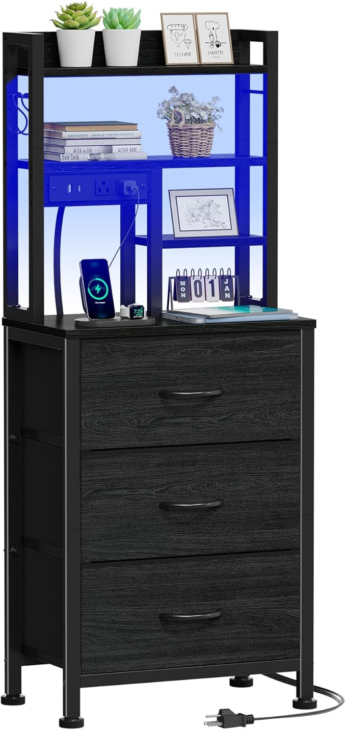 Furnulem Tall Night Stand with 3 Fabric Drawers and LED Lights, Nightstand with Bookshelf, 45.3inch Tall Bedside Tables with USB Ports in Bedroom, Dorm, Office,Metal Frame, Wood Shelves (Black Oak)