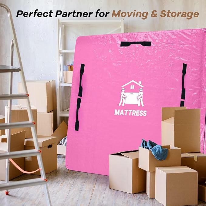 Mattress Bags for Moving, BETU Mattress Protector Waterproof Mattress Cover Queen Size Storage Bags with 8 Heavy-Duty Handles and Zipper for Bed Extra Thick Large Reusable (82"x62"x15" Pink)