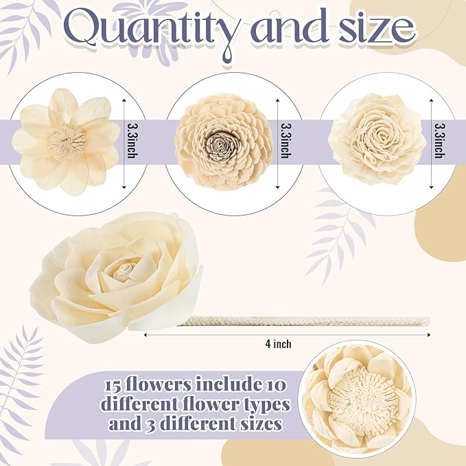 Waydress 15 Pcs Diffuser Mixed Sola Flowers Natural Material Aromatherapy Reed Wood Flowers Decorative Aromatherapy Flower Placement Refill Wood Flower Diffuser with Rope(3.15-3.35 Inches,Fresh)