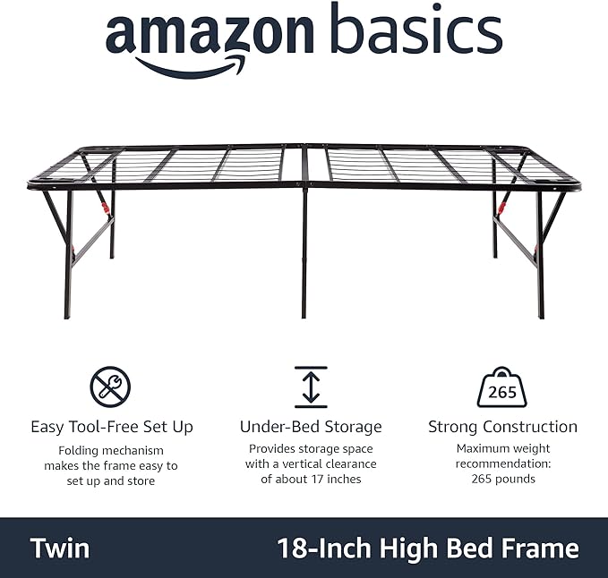Amazon Basics Foldable Metal Platform Bed Frame, Noise-Free Mattress Foundation with Tool-Free Assembly, 18 Inches High, Sturdy Steel Frame, No Box Spring Needed, Twin Size, Black