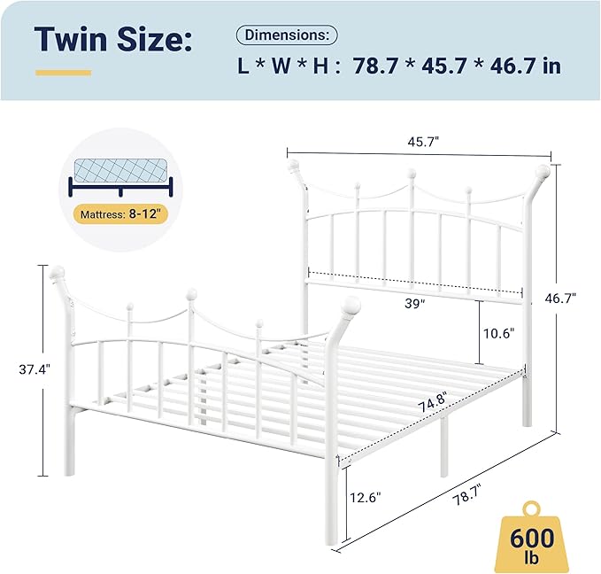 Allewie 14 Inches Twin Size Metal Platform Bed Frame with Elegant Crown Iron-Art Headboard & Footboard, Sturdy Mattress Foundation with Under-Bed Storage, Easy Assembly, No Box Spring Needed, White