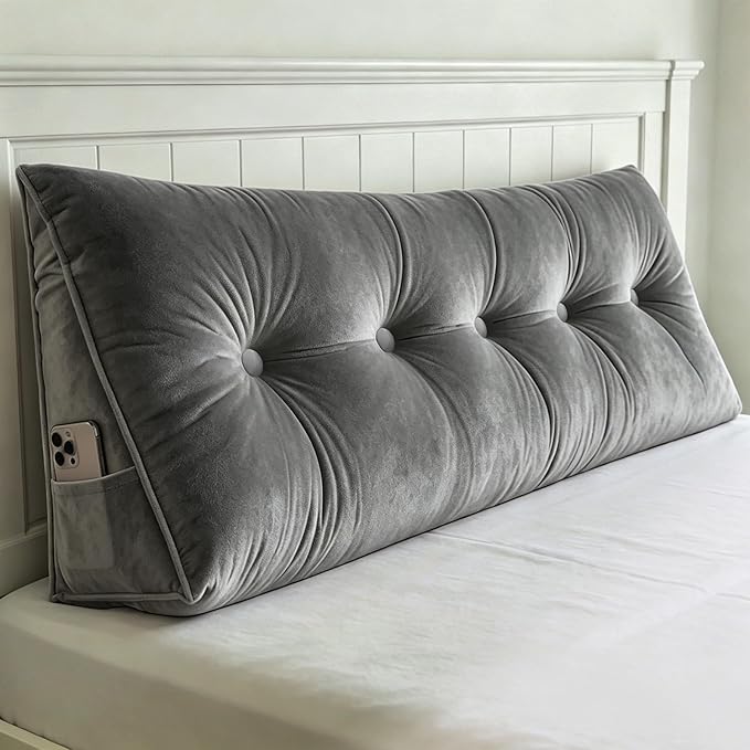 Headboard Pillow Queen, Triangle Wedge Pillow for Headboard, Ergonomic Backrest Cushion for Reading Sitting Working Removable Crystal Velvet Cover for Bed Dorm Sofa (Dark Gray, Queen)