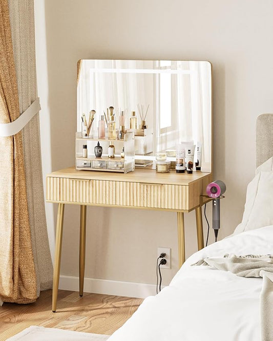 Vanity Desk with Large Mirror and Lights, Small Makeup Vanity Table with 2 Drawers, Dressing Table with 3 Adjustable Lighting Color, Small Makeup Desk for Bedroom, Natural with Gold Leg