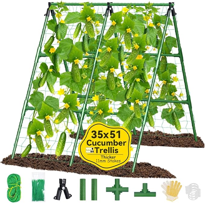 35x51 Inch Cucumber Trellis for Raised Bed, Adjustable A-Frame Garden Trellis for Climbing Plants Outdoor with Climbing Net, Meal Plant Trellis for Vegetables Pea Bean Tomato Squash Grape