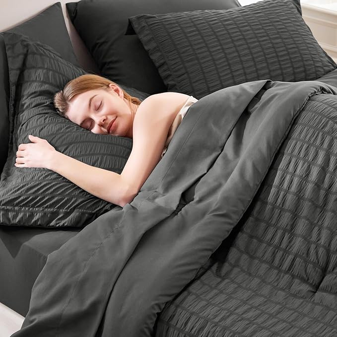 CozyLux Queen Comforter Set Dark Grey Seersucker 7 Pieces Bed in a Bag Queen Comforter Set with Sheets, Dark Gray Luxury Soft Bedding Set with Down Alternative Comforter, Sheets, Pillowcases & Shams