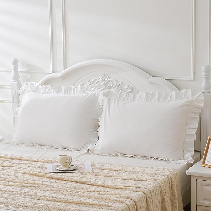 Shabby Off White Ruffle Pillow Shams Standard Size Set of 2, Washed Cotton Farmhouse Pillowcases Pillow Cover 26"x20" White