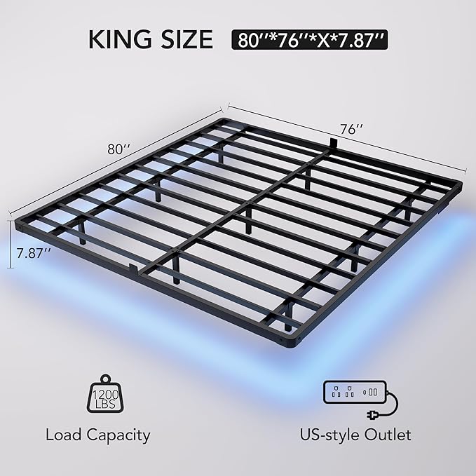 Decofy King Size Floating Bed Frame with LED Lights and Charging Station, Modern Minimalist Design, No Spring Mattress Required, Easy to Assemble