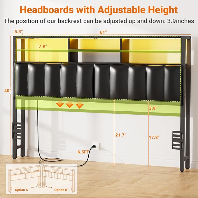 Aheaplus Headboard for Queen Size Bed with Storage, Upholstered Headboards with Outlets, USB Ports and LED Light, Reversible Queen Size Head Board, Height Adjustable, Comfortable Headboard, Black