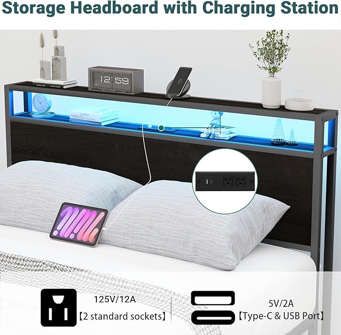 Zevemomo Queen Bed Frame with 8 Storage Drawers, Queen Metal Bed Frame with LED Light and Charging Station, Heavy Duty Metal Slats, No Box Spring Needed, Black