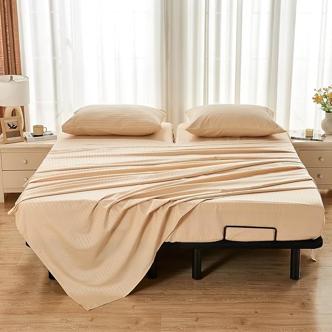 Kingnex Striped 32-34 Split Top King Sheets Sets for Adjustable Bed with Strap Soft Brushed 1800 Microfiber 4 Pieces Flex Head King Bedding Set Beige