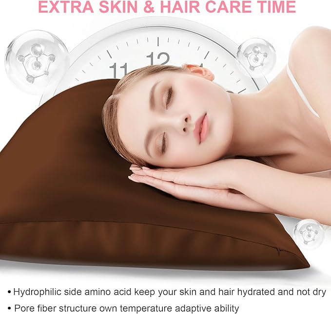 Silk Pillow Cases 2 Pack Queen Size with Hidden Zipper, Mulberry Silk Pillowcase for Hair and Skin, Smooth and Soft Breathable Cooling Silk Satin Pillowcase Set of 2, Gifts for Women，Brown