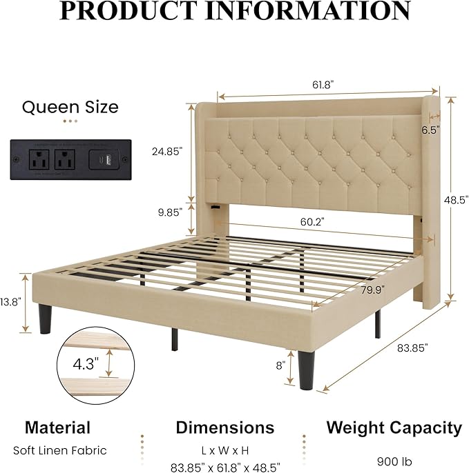 SHA CERLIN Queen Size Platform Bed Frame with Charging Station, Linen Wingback Headboard with Storage Shelf, Wooden Slats Support, Ample Under-Bed Space, No Box Spring Needed, Easy Assembly, Beige